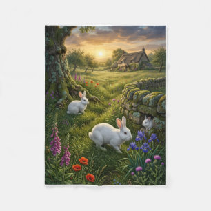 Cute White Rabbits In Countryside Flower Garden Fl Fleece Blanket