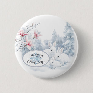 Cute White Rabbits in Snow Winter Holiday 2 Inch Round Button