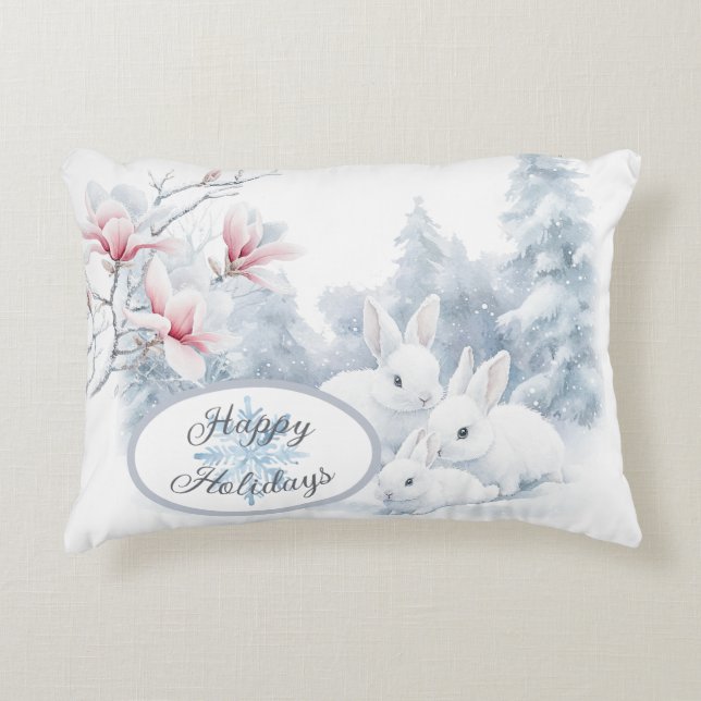Cute White Rabbits in Snow Winter Holiday Accent Pillow (Front)