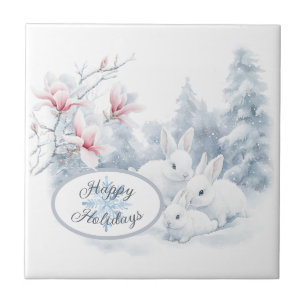Cute White Rabbits in Snow Winter Holiday Tile