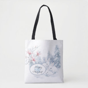 Cute White Rabbits in Snow Winter Holiday Tote Bag