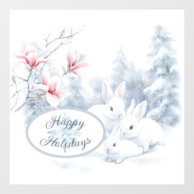 Cute White Rabbits in Snow Winter Holiday Window Cling (Sheet)