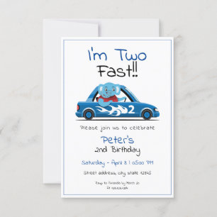 Cute White Race Car Elephant Two Fast 2nd Birthday Invitation