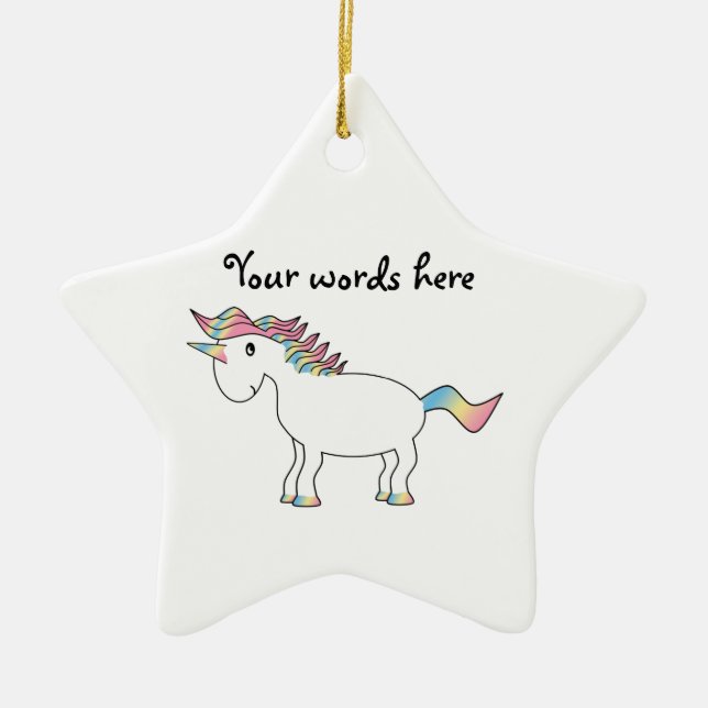 Cute white rainbow unicorn ceramic ornament (Front)