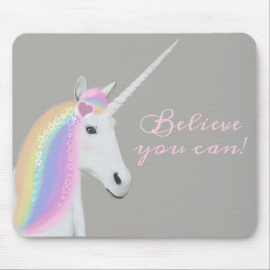 Cute White Rainbow Unicorn Magical Pink Grey Mouse Pad