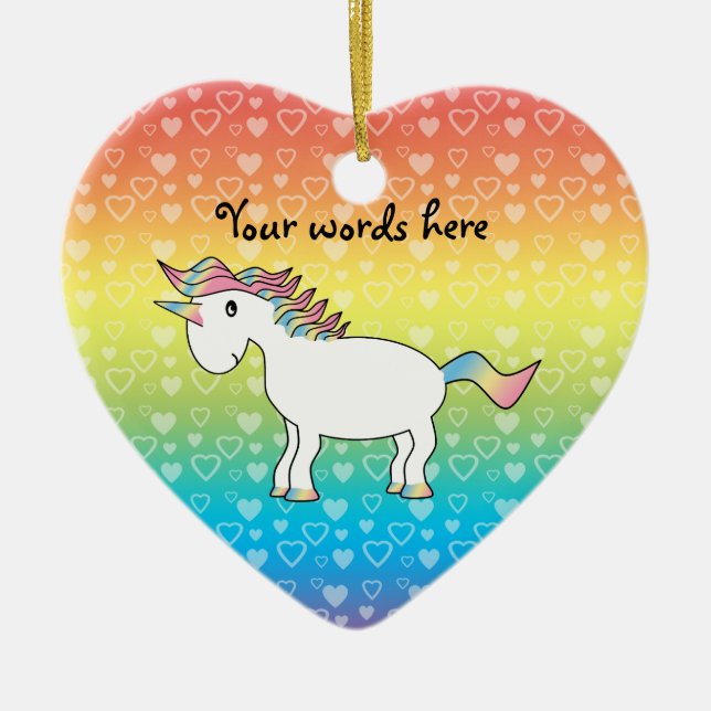 Cute white rainbow unicorn on rainbow hearts ceramic ornament (Front)