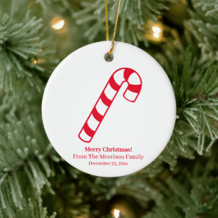 Cute white red candy cane personalized Christmas Ceramic Ornament