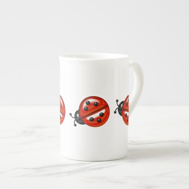 Cute White & Red Ladybug Bone China Bone China Mug (Front Right)