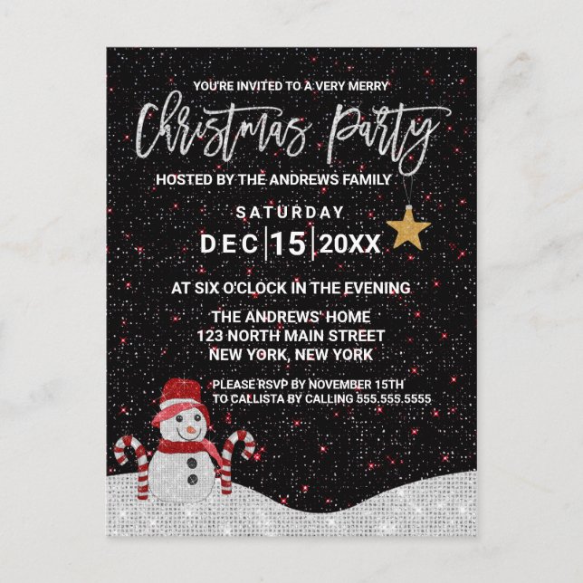Cute White Red Snowman Night Sky Glitter Christmas Holiday Postcard (Front)