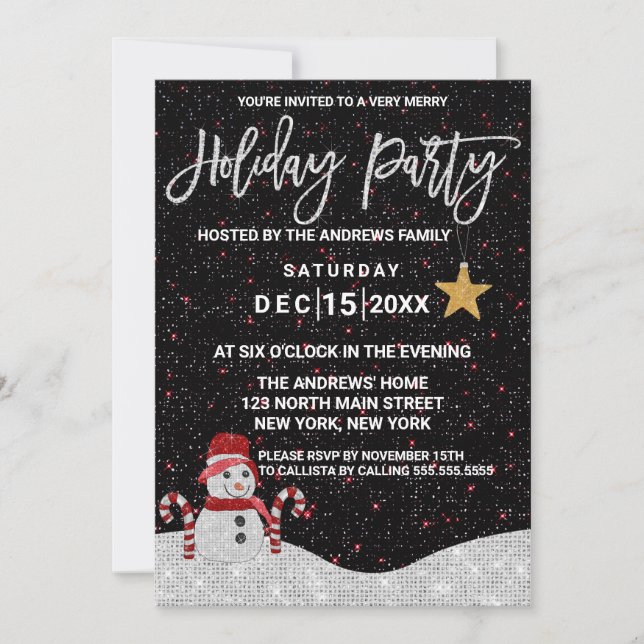 Cute White Red Snowman Night Sky Glitter Holidays Invitation (Front)