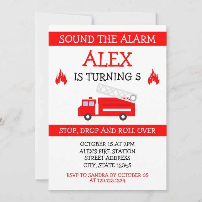 Cute White & Red Vector Kids Firetruck Birthday Invitation (Front)
