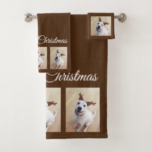 Cute White Reindeer Puppy Dog Christmas Brown Bath Towel Set