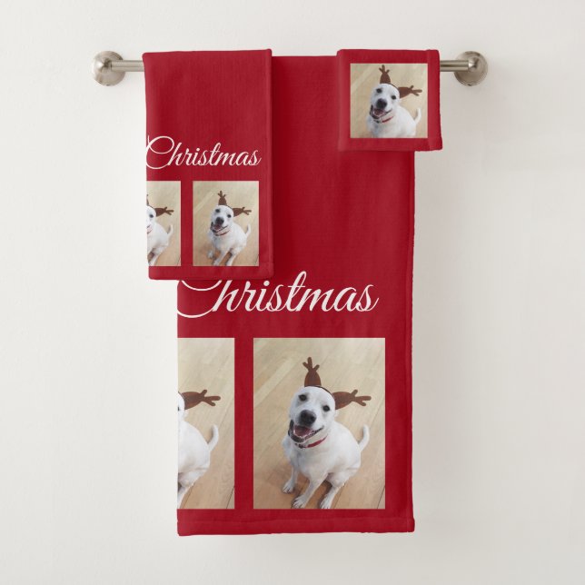 Cute White Reindeer Puppy Dog Christmas Red Bath Towel Set (Insitu)