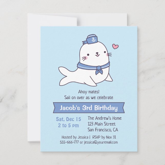 Cute White Seal Sailor Kids Birthday Party Invitation (Front)