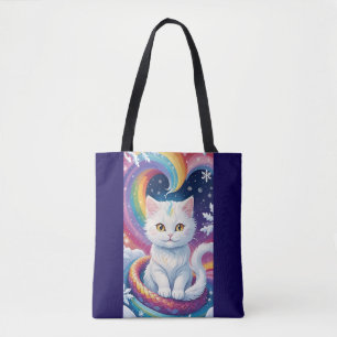 Cute White Snow Christmas Cat Tote Bag