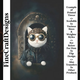 Cute White Steampunk Dieselpunk Cat AQ8 Decoupage Tissue Paper