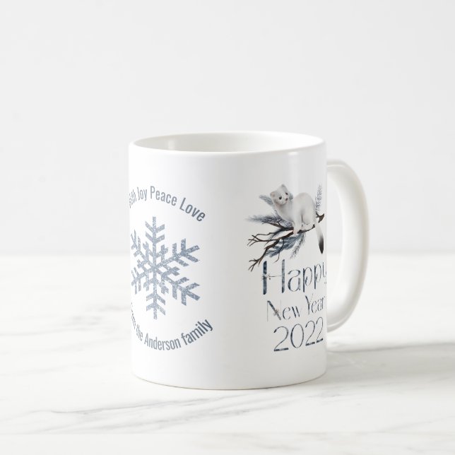 Cute White Stoat On A Branch, Happy New Year 2022 Coffee Mug (Front Right)