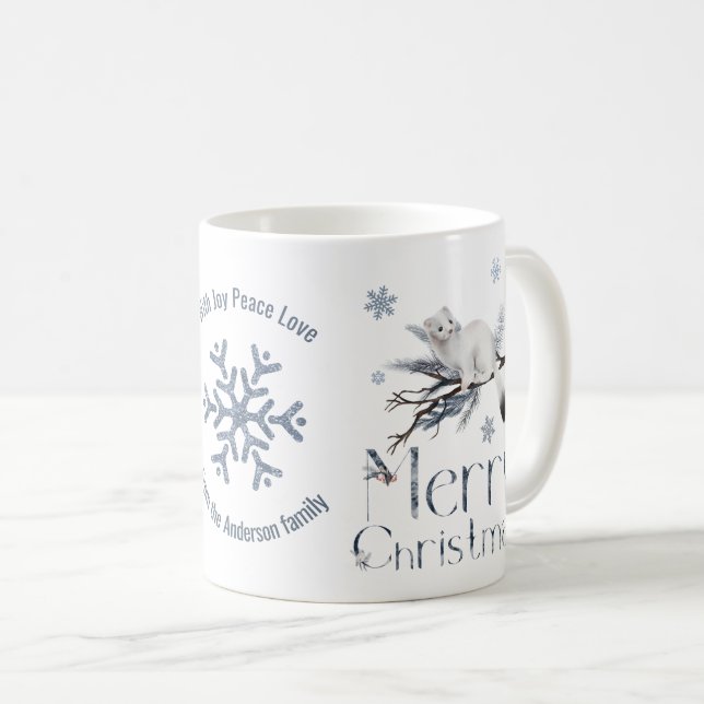 Cute White Stoat On A Branch, Merry Christmas Coffee Mug (Front Right)