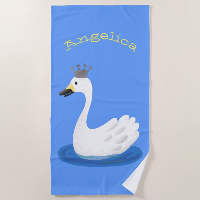 Cute white swan with crown cartoon beach towel (Front)
