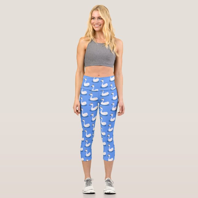 Cute white swan with crown cartoon capri leggings (Front)
