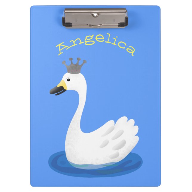Cute white swan with crown cartoon clipboard (Front)