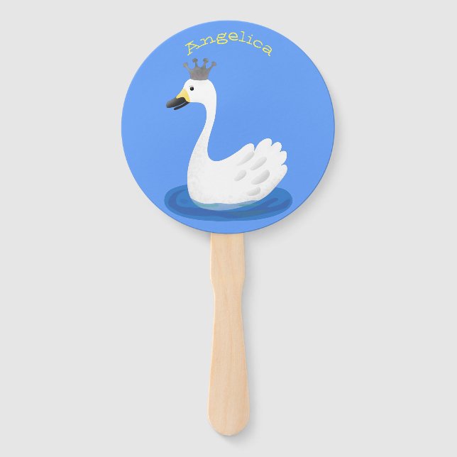 Cute white swan with crown cartoon hand fan (Front)