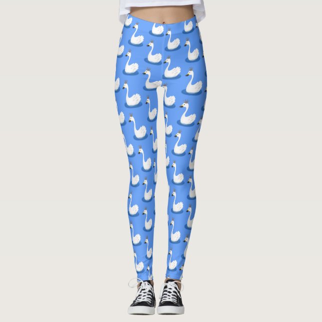 Cute white swan with crown cartoon leggings (Front)