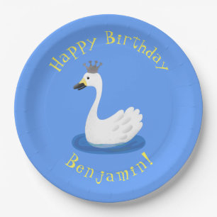 Cute white swan with crown cartoon paper plate