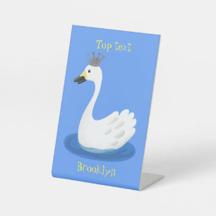 Cute white swan with crown cartoon pedestal sign