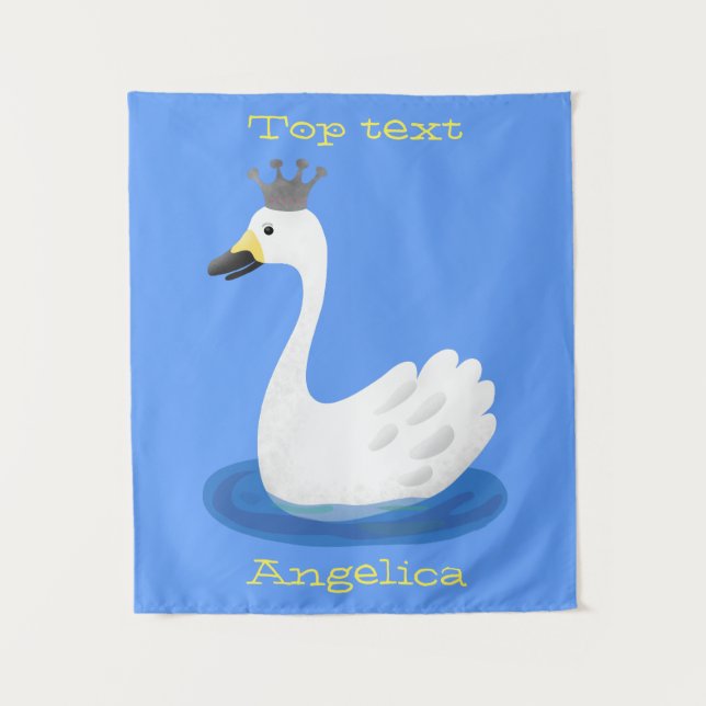 Cute white swan with crown cartoon tapestry (Front)
