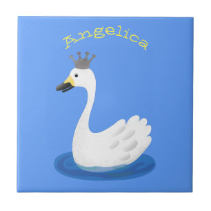 Cute white swan with crown cartoon tile
