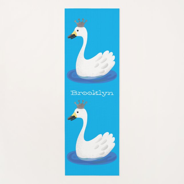 Cute white swan with crown cartoon yoga mat (Front)