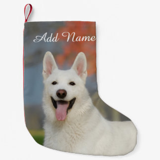 Cute White Swiss Shepherd Dog Photo - Name Small Christmas Stocking