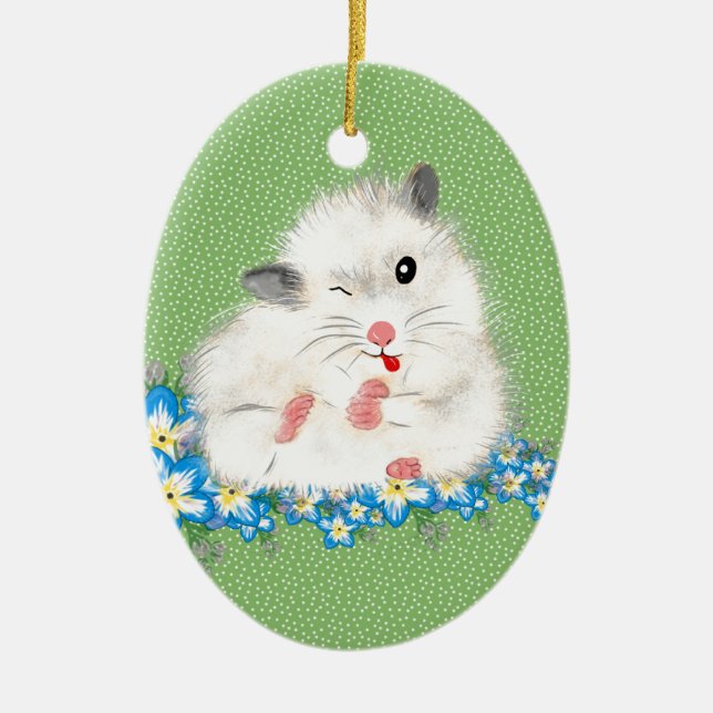 Cute white Syrian hamster accessories, green polka Ceramic Ornament (Front)