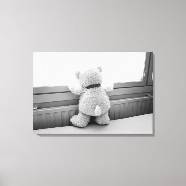 Cute White Teddy Bear Looking Out of Window Canvas Print (Front)