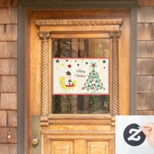 Cute White Teddy Bear Tree Stars Merry Christmas Window Cling