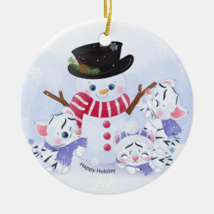 Cute White Tiger Cubs and Snowman  Ceramic Ornament