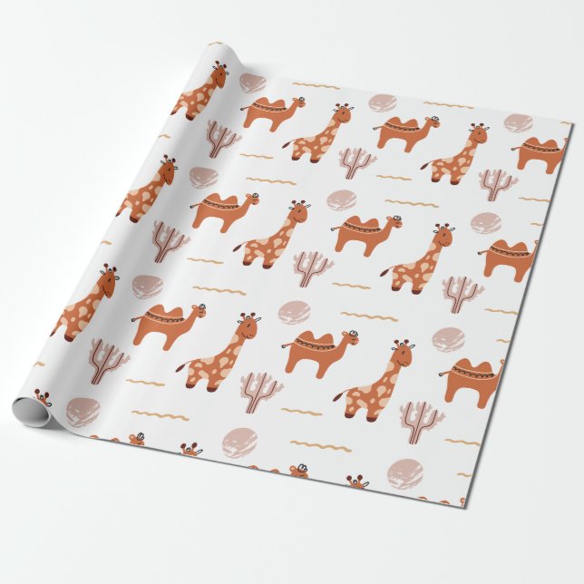 Cute White Toy Animal Cactus Kids Wrapping Paper (Unrolled)