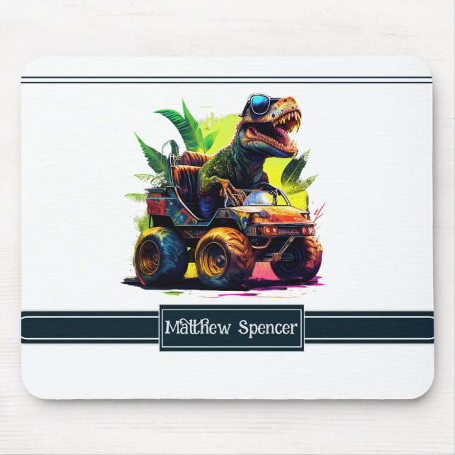 Cute White Trex Riding Monster Truck Dinosaur Name Mouse Pad (Front)