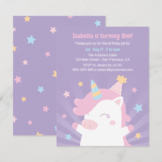 Cute White Unicorn And Stars Girls Birthday Party Invitation (Front/Back)