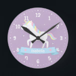 Cute White Unicorn Girls Bedroom Wall Clock<br><div class="desc">A wall clock that comes with a cute white unicorn with pastel red, blue and yellow mane which somehow resembles the rainbow. Easy to read white clock face. Perfect for decorating a girls bedroom with an enchanting, magical and fairy tale theme! Personalize with girl's name on the blue banner with...</div>