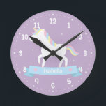 Cute White Unicorn Girls Bedroom Wall Clock<br><div class="desc">A wall clock that comes with a cute white unicorn with pastel red, blue and yellow mane which somehow resembles the rainbow. Easy to read white clock face. Perfect for decorating a girls bedroom with an enchanting, magical and fairy tale theme! Personalize with girl's name on the blue banner with...</div>