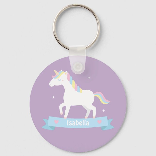 Cute White Unicorn Pastel Girls Name Keychain (Front)