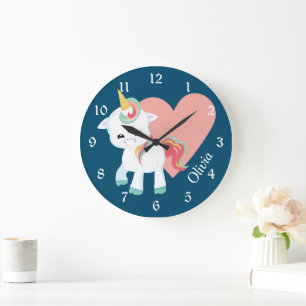 Cute White Unicorn Pink Heart Personalized Nursery Large Clock