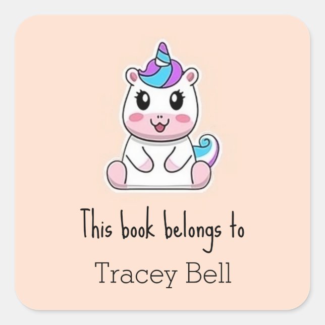Cute white unicorn pink square sticker (Front)