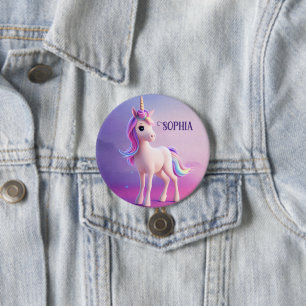 Cute White Unicorn With Pink & Blue Mane 3 Inch Round Button