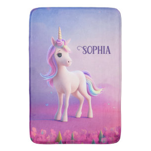 Cute White Unicorn With Pink & Blue Mane Bath Mat