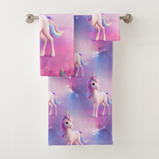Cute White Unicorn With Pink & Blue Mane Bath Towel Set (Insitu)