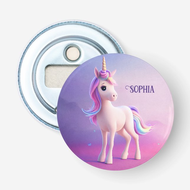 Cute White Unicorn With Pink & Blue Mane Bottle Opener (Front)