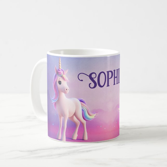 Cute White Unicorn With Pink & Blue Mane Coffee Mug (Front Left)